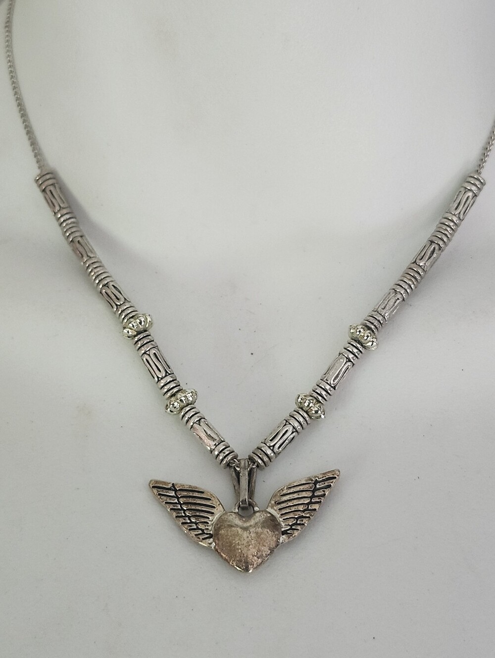 Silver Toned Heart With Angel Wings Pendant Necklace